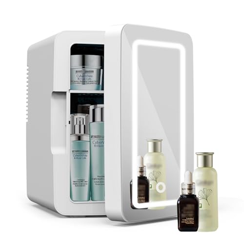 Living Enrichment Mini Fridge 6L Capacity, Skincare Fridge with Mirror, Portable Small Refrigerator Cooler or Warmer, AC DC Powered, for Drink Cosmetics,Skin Care, Bedroom Office Car, White
