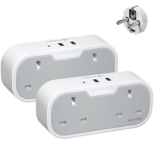 UK to European Plug Adapter, VINTAR 2 Way Grounded Schuko Europe Travel Adapter with 2 USB A 1 USB C Ports