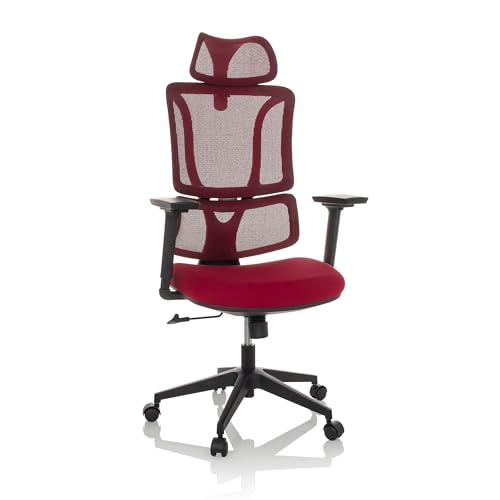 MyBuero sedia girevole ergonomica per ufficio ERGOMY con supporto lombare regolabile, poggiatesta, braccioli, schienale in rete, tessuto rosso