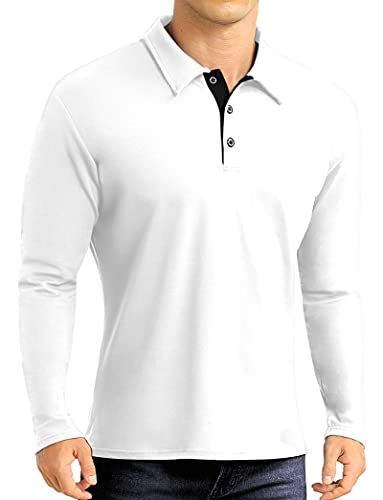 NITAGUT Mens Long Sleeve Polo Shirt Casual Fashion Slim Fit Polo Tee Basic Designed Cotton Shirt for Man,White,M