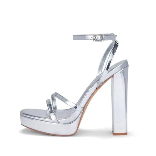 GENSHUO Sandália feminina plataforma de salto alto grosso, bico quadrado, tira no tornozelo, com tiras, sapatos sociais de festa de casamento, Prata metálica., 38