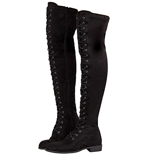 Celnepho Womens Over The Knee Boots, Lace Up Zip Low Chunky Heel Round-Toe Motorcycle Combat Knee High Boots #TOP16