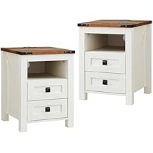 T4TREAM Farmhouse Nightstand Set of 2, Rustic End Table with 2 Drawers, Charging Station, Storage Open Shelf for Bedroom, L