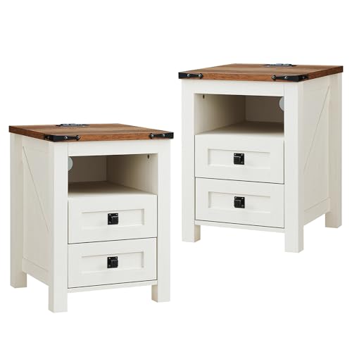 Flexoliving Bauernhaus Nachttisch 2er Set mit Steckdose, Retro Beistelltisch fürs Wohnzimmer mit 2 schublade, Rustikal Beistelltisch Holz Couch,...