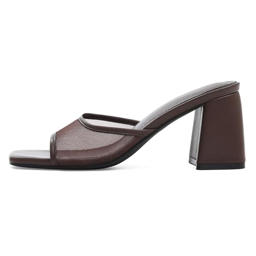 Mattiventon Brown Sandal Heels Chunky Heels for Women Slip On Mesh Slide Sandals Square Open Toe Mules Summer Dress Shoes