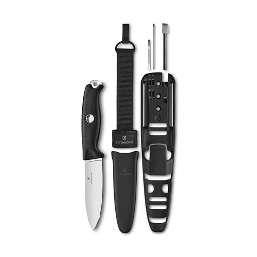 VICTORINOX Navaja suiza de bolsillo Venture Pro, 9 funciones, navaja deportiva de hoja fija incl. hoja de 10,5 cm, pinza y pedernal, espiga completa, negro
