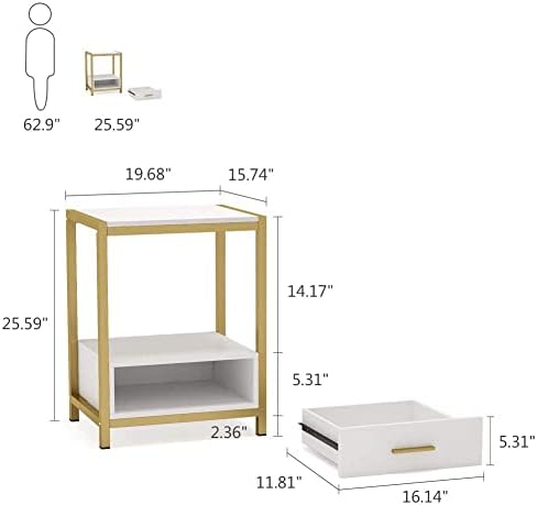 Tribesigns 25 inch Tall Gold Nightstands with Drawers and Storage Shelf, Modern Bedside Table End Table Side Table for Bedroom, Living Room (1 pc, Gold and White)