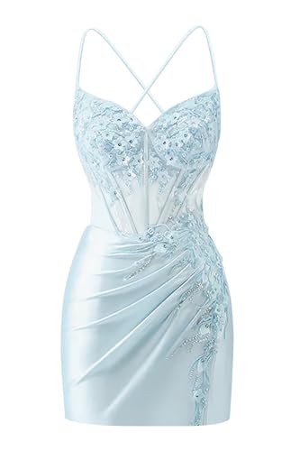 Zeeyecie 3D Floral Satin Homecoming Dresses 2025 Spaghetti Straps V-Neck Sequined Ruched Sparkly Short Prom Dress for Teens