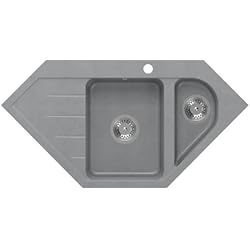 Fregadero Esquina Bricomart VBChome Fregadero de esquina de 95 x 49 cm gris granito 1,5, escurridor de 1,5, fregadero de cocina, empotrable, fregadero de cocina, fregadero moteado, sifón