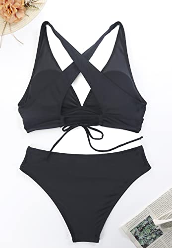 Conjunto de bikini negro para mujer con tirantes cruzados y braguitas de cintura alta, ideal para una óptima sujeción