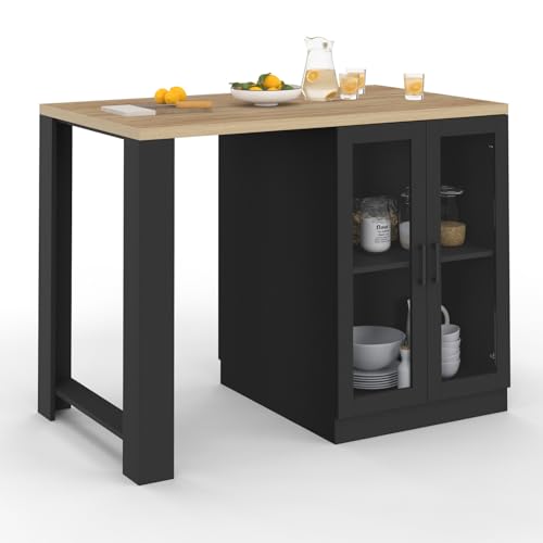 IDMarket - Ilot central LINO 120 cm 2 personnes bois noir avec plan de travail façon hêtre et portes vitrées