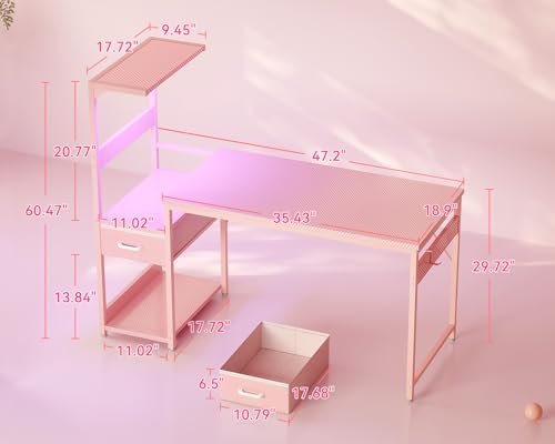 Image of Casaottima 48 Inch Gaming Desk with Storage & LED Lights, Reversible Computer Desk with Display Shelves & Fabric Drawer, Modern Gamer Desk Table with Side Headphone Hook, Carbon Fiber Pink