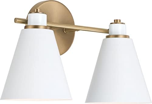 Capital Lighting 150121AW Bradley Modern Metal Cone Vanity Lights for Bathroom, 2-Light 200 Total Watts, 9" H x 15" W, Aged Brass and White