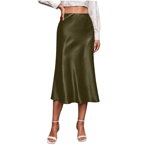 Women's Satin A-Line Flared Skirt, Solid Color High Waist Elegant Midi Skirts Prom Party Fashion Clothes