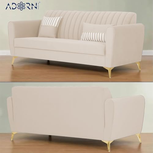 Image of Adorn India Premium Luster 3-2-1 Sofa Set | Velvet Suede Fabric | 3-Year Warranty | Color Cream with Golden Legs & Striped Pattern Cushion