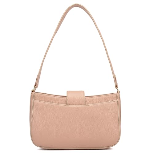 Image of Da Milano Women's Leather Shoulder Bag - Pink | Genuine Leather Handbag with Gold Hardware, Broad Shoulder Strap & Secure Clasp Lock | Elegant Everyday Purse