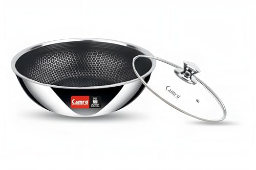 Image of Camro Stainless Steel Tasla 8 Litre 34 Cm | Triply Honeycomb Extra Deep Tasla with Lid | 3-Layer Body | Tri ply Kadai Cookwear Taslas for Cooking | Induction & Gas Stove