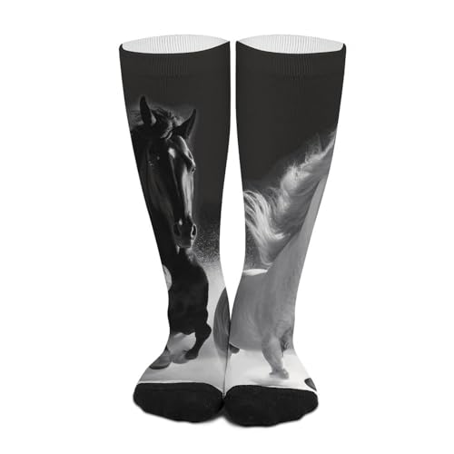 Socks for Women Men Black And White Horses Cotton Sock Breathable Boot Socks Warm Calf Socks for Hiking Work Crew Socks 18.1in