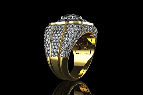 Ssjewel Full Iced Out 2.50 Ct Asscher Cut Diamond Two Tone Micro Pave Men's Statement Rings 14K Yellow Gold Plated 925 Sterling Silver Handmade Sparkling Striking Ring Customized Cocktail Gift For Him #TOP2