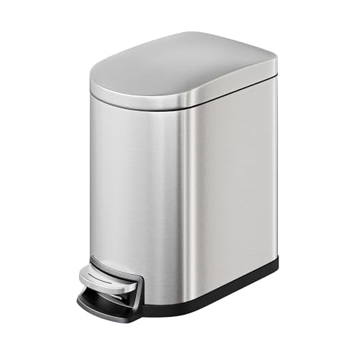GarveeHome 1.6 Gal Step-On Trash Can, Stainless Steel Small Bathroom Garbage Bin with Soft Close Lid, Slim Space-Saving Design, Removable Inner Bucket for Bathroom, Bedroom, Office, Silver