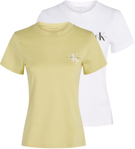 Calvin Klein Camisetas de Manga Corta Mujer Pack de 2 Monologo tee Slim Fit, Multicolor (Muted Lime/Brilliant White), XXS