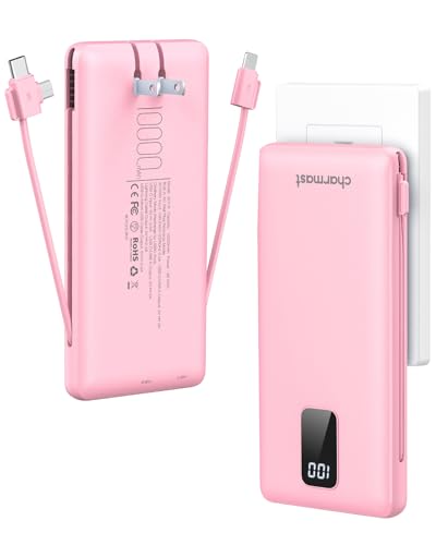 Image of charmast Portable Charger with Built-in Cables and Wall Plug, 10000mAh USB C Portable Power Bank, Potable Phone Charger, Travel Essentials Compatible with iPhones, Samsung Galaxy, iPad