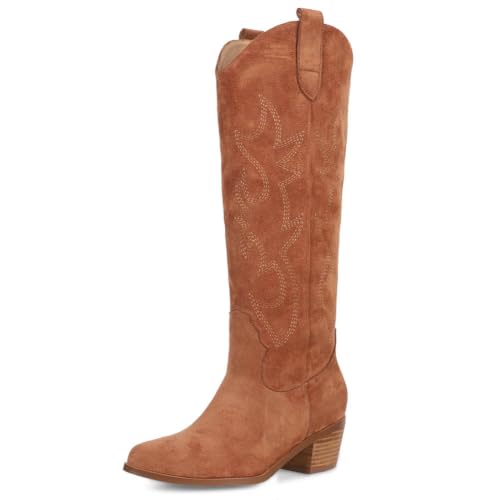 Image of Erocalli White Cowgirl Boot Cowboy Boots for Women Embroidered Pull-On Chunky Stacked Heel Knee High Western Boots