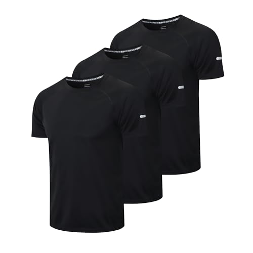 frueo Men's 3 Pack Gym Shirts Quick Dry Moisture Wicking Short Sleeve Mesh Athletic T-Shirts,520,3Black,M