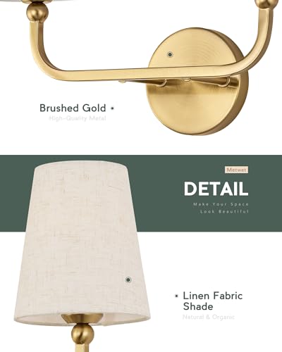 Image of 2-Light Bathroom Light Fixtures, Brushed Gold Vanity Lights, Double Wall Sconce with Linen Fabric Shade, Modern Sconces Wall Lighting for Hallway Bedroom Stairway, VL837-BG-A-2