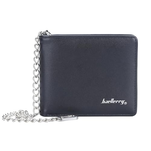 PINKPIN Mens Wallet with Chain, PU Leather Card Wallet Anti-Theft Short Wallet Chain for Biker, Motorcycle (Black)