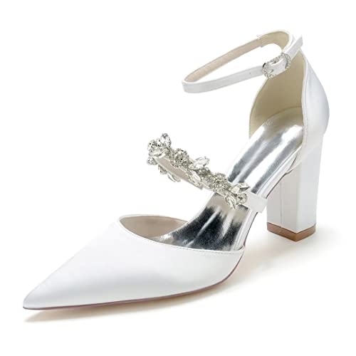 Satin Rhinestones Wedding Shoes for Bride Block Heel Pointed Toe Bridal Heels Women Dress Shoes Pumps