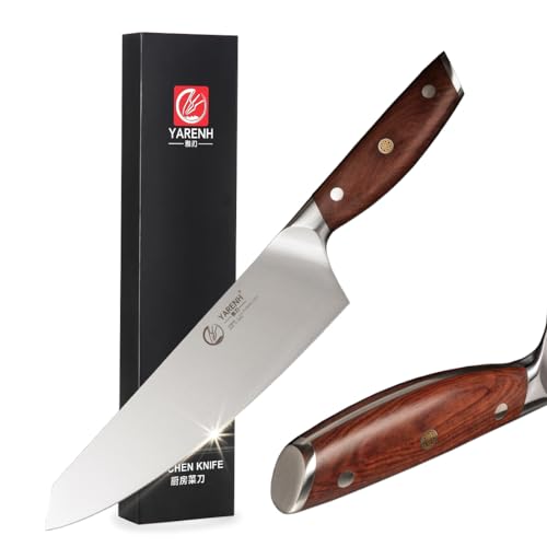 YARENH Kochmesser aus Rostfreiem Stahl, Profi Chefmesser - Scharfe und Langlebige Klinge, 20 cm Klingenlänge, Ergonomischer Griff aus Natürlicher Holz, Hochwertiges Küchenmesser
