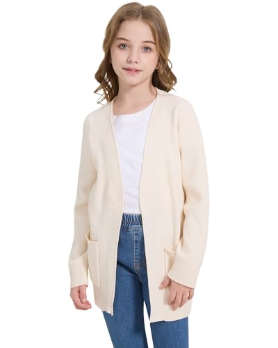 WULFUL Girls Long Sleeve Cardigan Kids Casual Open Front Oversized Sweater with Pockets White