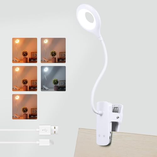 Akynite 3W Rechargeable Clip Lamp Flexible, Type C Charging, 5 Colour & 5 Brightness, Touch Dimmable Bedside Reading Lamp, Battery Desk Light Clip on, Reading Light Clip on Bed, White