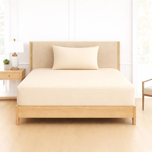 Image of DECOR2ADMIRE 300 TC Premium Glace Cotton Solid Lines Pastel Shades Bedsheet for Single Bed with 1 Pillow Cover for Home (Solid-Plain Cream, Single 60 inch x 90 inch)