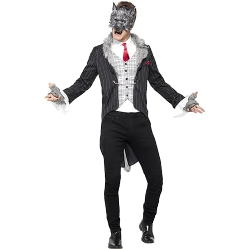 Smiffys Disfraz de gran lobo feroz, deluxe, Gris, con chaqueta, cola de quita y pon, camisa falsa, máscara y guantes
