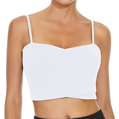 Women's Longline Sports Bra Medium Support - Padded Yoga Bra Crop Tank Top With Built In Shelf Bra Tank Top (X-Large, White) #TOP19