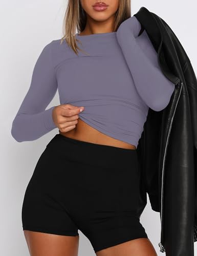 Image of AKEWEI Long Sleeve Crop Tops for Women 2 Pack Fall Going Out Outfits Cute Tight Basic Tees Shirt