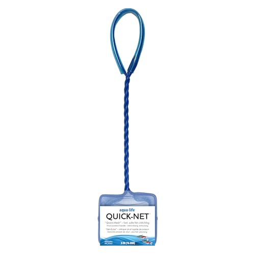 Image of Penn-Plax Quick-Net Aquarium Fish Net - 3 x 2.25 in Fine Mesh, 10 in Vinyl-Covered Braided Handle - Small Aquarium Cleaning Tool for Gentle Fish Handling - Use in Freshwater & Saltwater Tanks - Blue