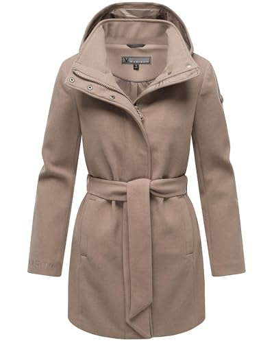 MARIKOO Damen Langer Trenchcoat warme Übergangsjacke in Woll-Optik mit Abnehmbarer Kapuze Katalinaa 16 Taupe Grey Gr. L