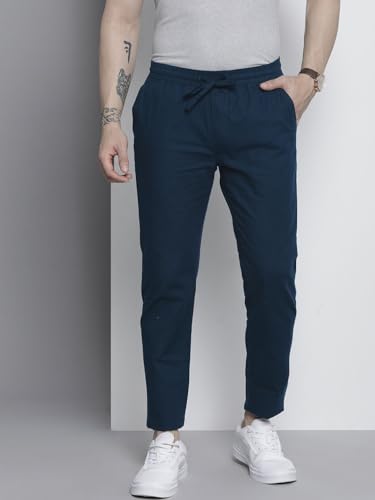 Image of The Indian Garage Co Men Slim Fit Solid Mid-Rise Elasticated Linen Jogger Trouser