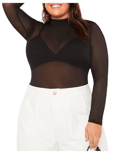 COZYEASE Women's Plus Size Sheer Mesh Tops Mock Neck Long Sleeve Tee Tops Trendy Slim Fit Clubwear3