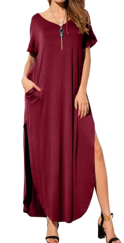 Image of GRECERELLE Women's Summer Maxi Dress Casual Loose V Neck Short Sleeve Side Split Long Dresses with Functional Pockets