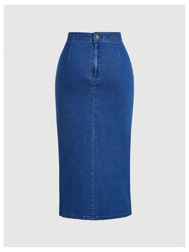 WDIRARA Women's High Waisted Drawstring Split Thigh Bodycon Midi Denim Skirt2