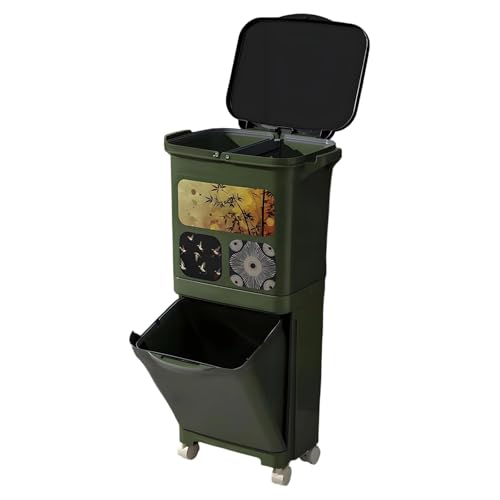 Yqqhrbm キッチントラッシュカン 分別ゴミ箱 キャスター付き 大容量 室内用 多層収納 引き出し式 持ち手付き 移動簡単 乾湿分離 飲食店 ホテルに適用, 緑