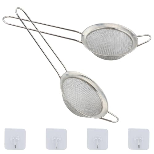 2 coladores pequeños de malla fina de acero inoxidable con ganchos de cocina, 8 cm de diámetro, mini tamiz de malla fina, colador de té, colador de cocina con asa, ideal para jugo, huevo, té, café,
