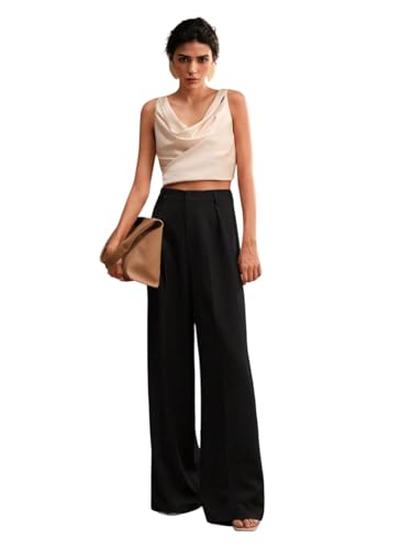 Image of KOTTY Women's High Waist Wide Leg Trousers | Solid Relaxed Fit Pants for Office, Casual Soft Flowing Polyester Blend Pants for Women