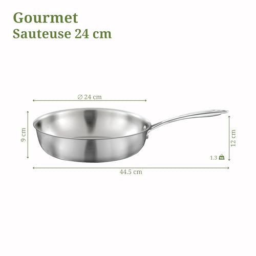 Cuisinox - Gourmet - Sauteuse 24 cm stal nierdzewna - Triply - Kompatybilny ze wszystkimi palnikami, w tym indukcyjnymi - Stal nierdzewna 18/10 - Stały uchwyt - Pokrywa - Bez PFAS, PTFE, PFOA