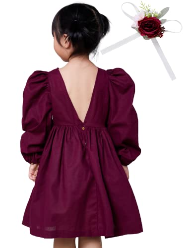 Toddler Baby Girl Linen Dress Vintage Puff Long Sleeve Backless Smocked Swing Casual Loose Flower Girl Dresses