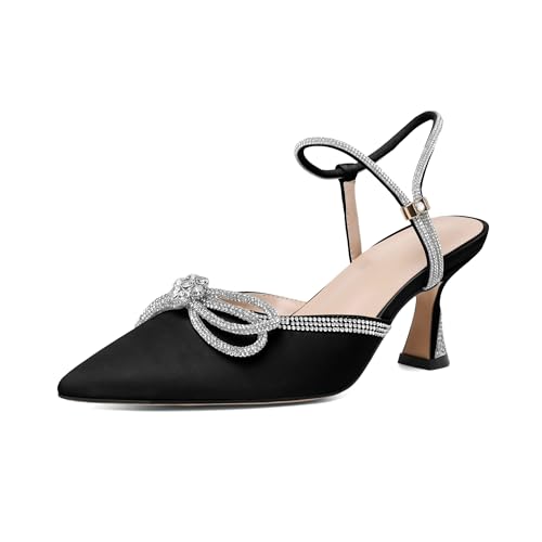 Joseywade Rhinestone Bow Heels Women Pointed Toe Low Heel Pumps Adjustable Ankle Strap Wedding Bridal Party Shoes